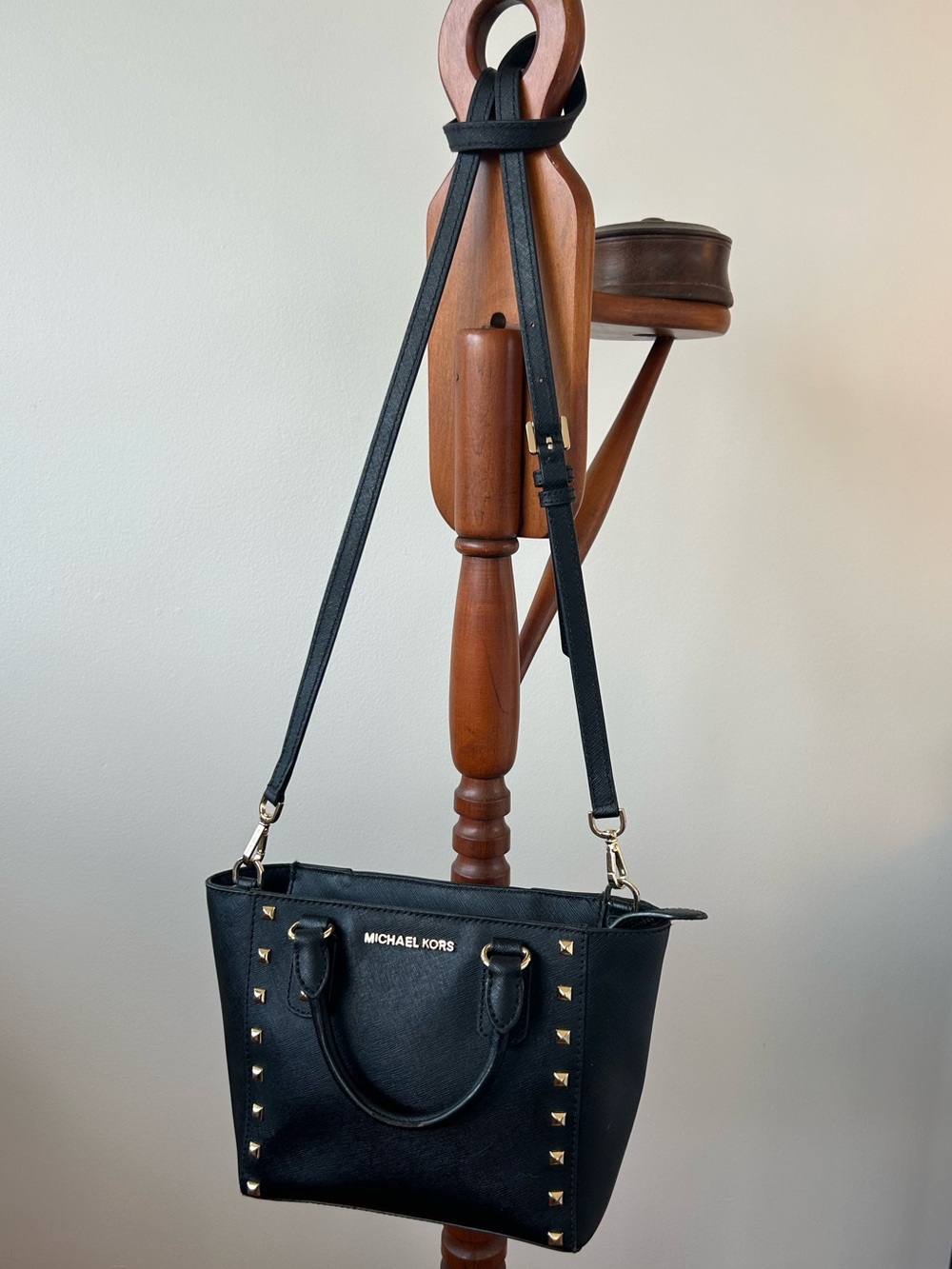 Michael Kors Black Studded Saffiano Satchel with Gold Hardware